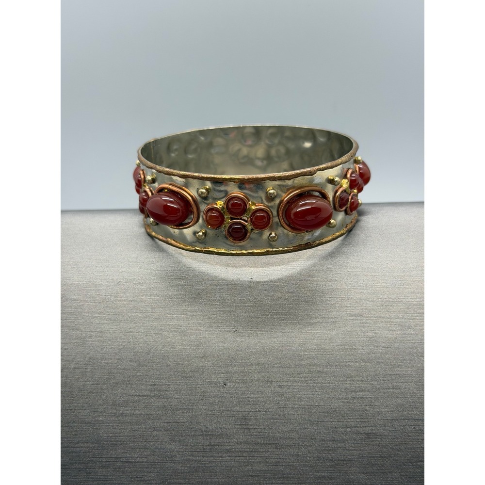 Vintage Boho red Cabochon Studded Bangle Bracelet Hammered Silver Tone Statement